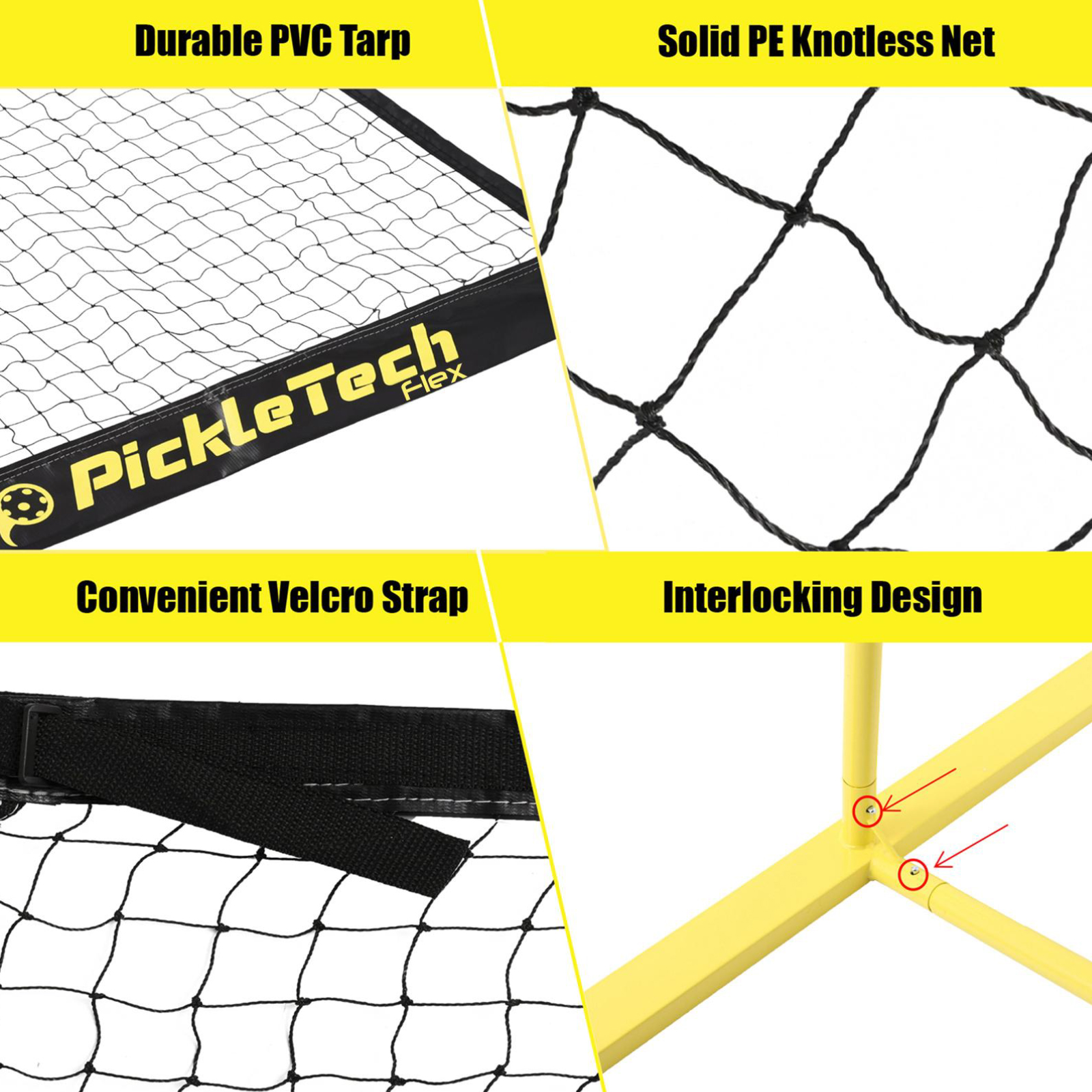 PICKLETECH 3-in-1 PORTABLE ADJUSTABLE PICKLEBALL NET (BLACK/YELLOW) - Image 2