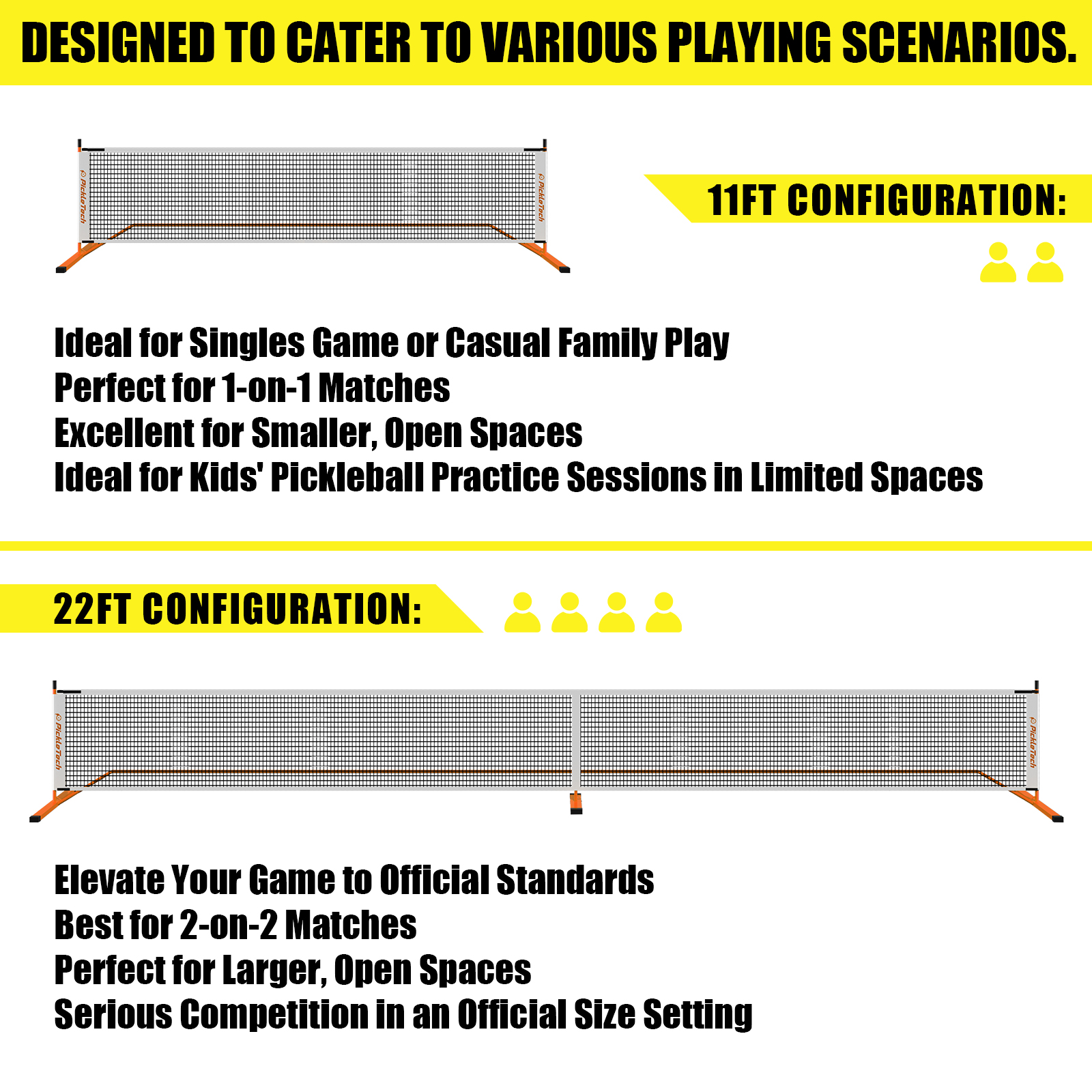 PICKLETECH 2-in-1 PORTABLE PICKLEBALL NET (BLACK/YELLOW) - Image 2